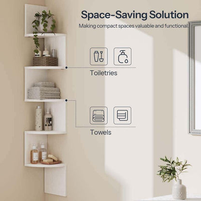 White corner shelf with bathroom items against a beige wall, labeled for space-saving solution.