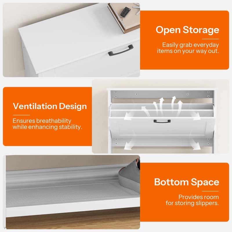 White storage cabinet with features highlighted on orange background