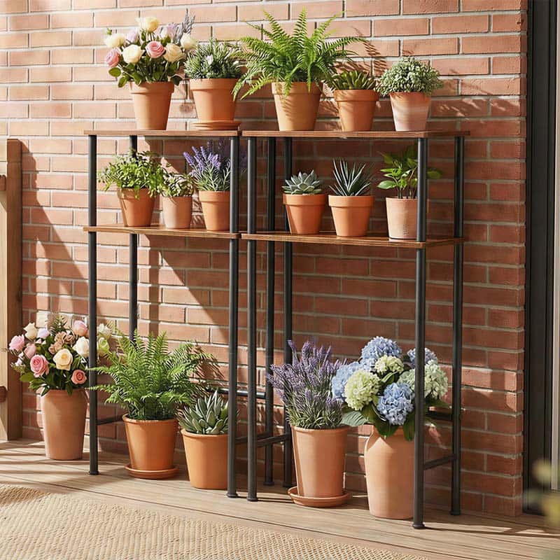 Outdoor setting with a metal shelving unit displaying potted plants against a brick wall.