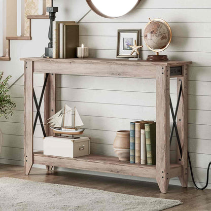 Wooden console table with decorative items against a wooden wall.