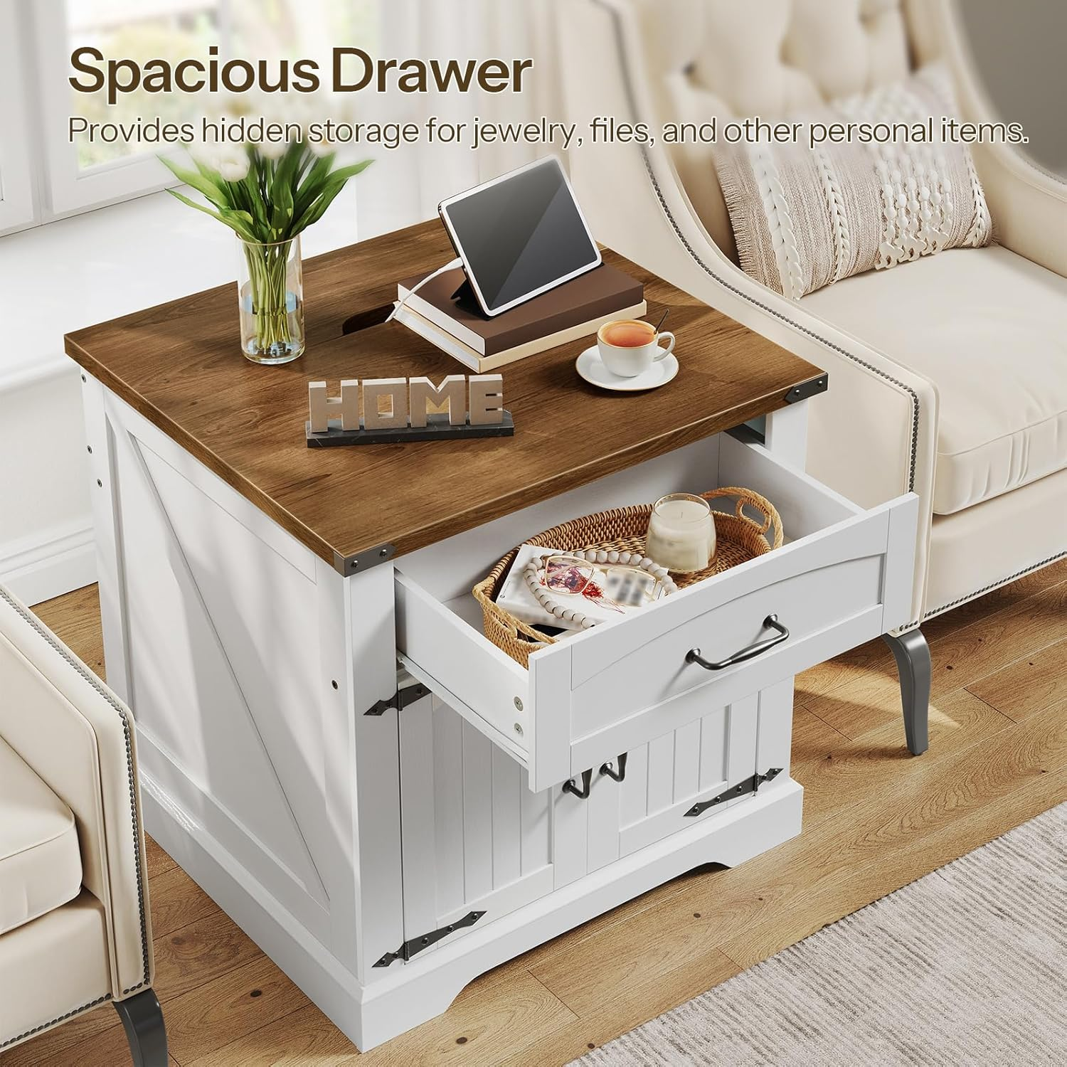 White coffee table with wooden top and open drawer in a living room setting.