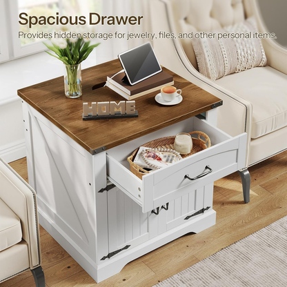 White coffee table with wooden top and open drawer in a living room setting.