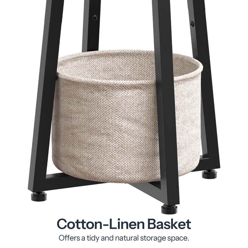 Close up details of the integrated circular cotton-linen blend fabric storage basket hammock on the base frame.