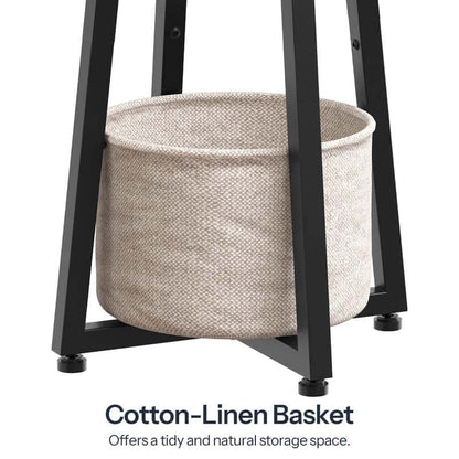 Close up details of the integrated circular cotton-linen blend fabric storage basket hammock on the base frame.