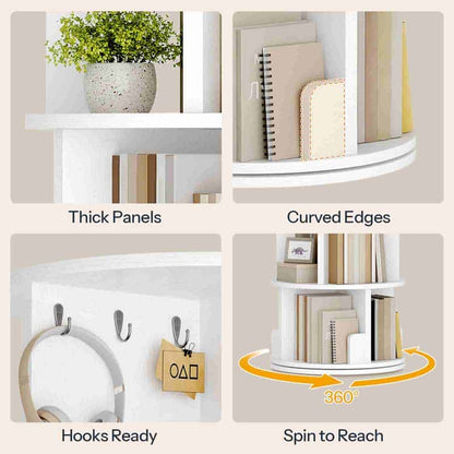 Corner shelf with thick panels, curved edges, hooks, and 360-degree rotation feature.