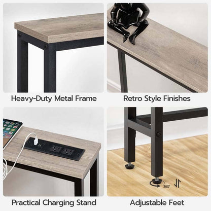 Four-panel product feature collage for a desk with a light wood grain top and black metal frame. Text labels highlight a heavy-duty metal frame, retro style finishes, a practical charging stand with phone outlet, and adjustable feet.