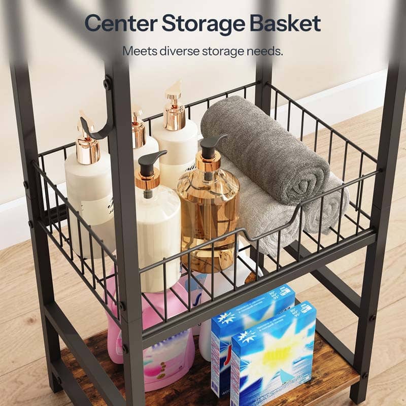 Center iron wire storage basket filled with shampoo bottles, lotions, and rolled hand towels.