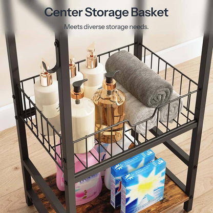 Center iron wire storage basket filled with shampoo bottles, lotions, and rolled hand towels.