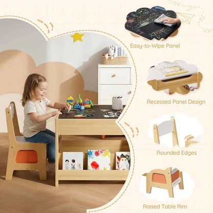 Child playing at a wooden activity table with various features highlighted.
