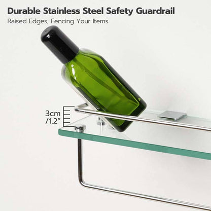 A green glass bottle with a black cap rests against a stainless steel safety guardrail mounted on a glass shelf. Text at the top reads 'Durable Stainless Steel Safety Guardrail' and text on the left notes '3cm / 12"'.
