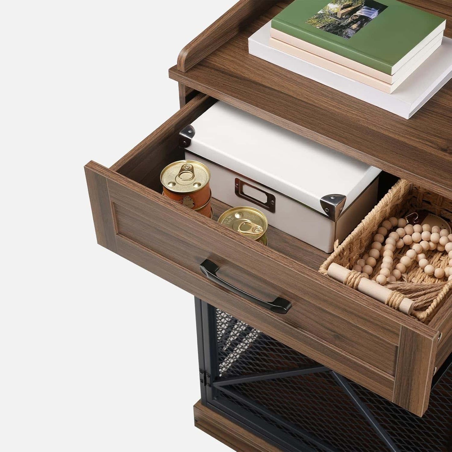 Wooden side table with open drawer containing cans and a basket, on a white background