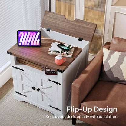 Flip-up design table with wooden top and white base next to a brown sofa.
