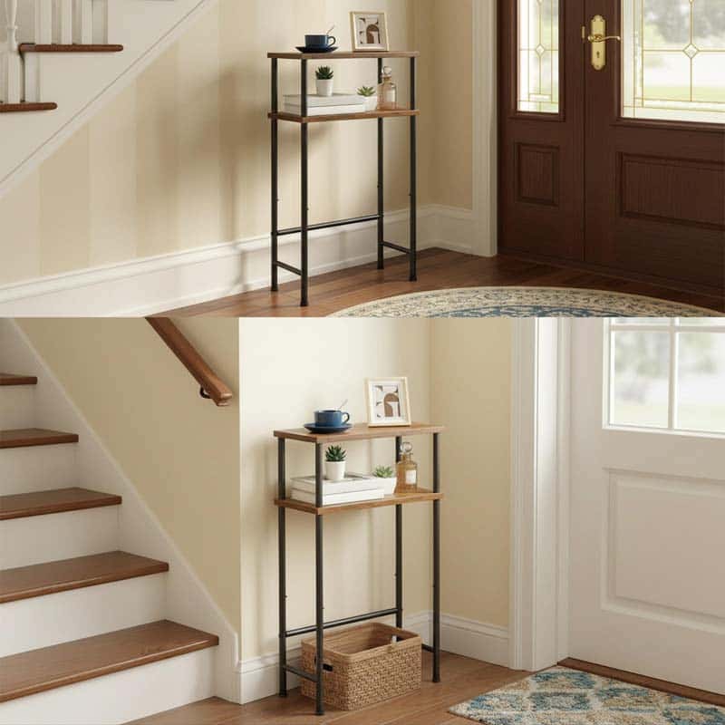 Small wooden shelf with decorative items in a home setting.