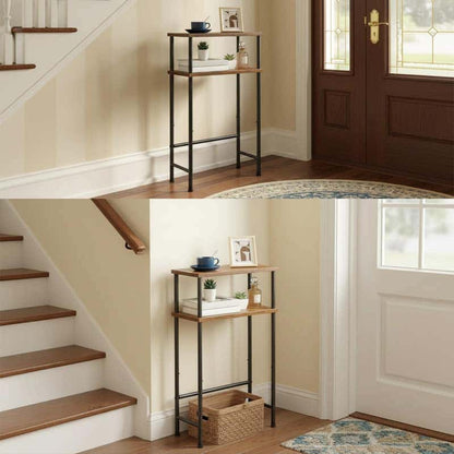 Small wooden shelf with decorative items in a home setting.