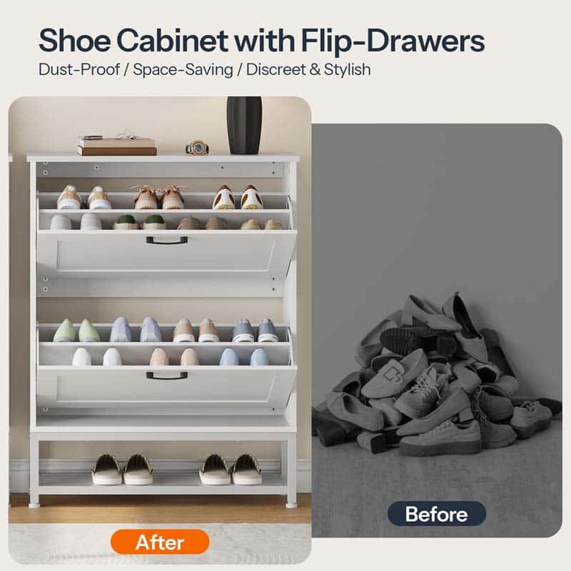 Shoe cabinet with flip-drawers showing before and after comparison of shoes.