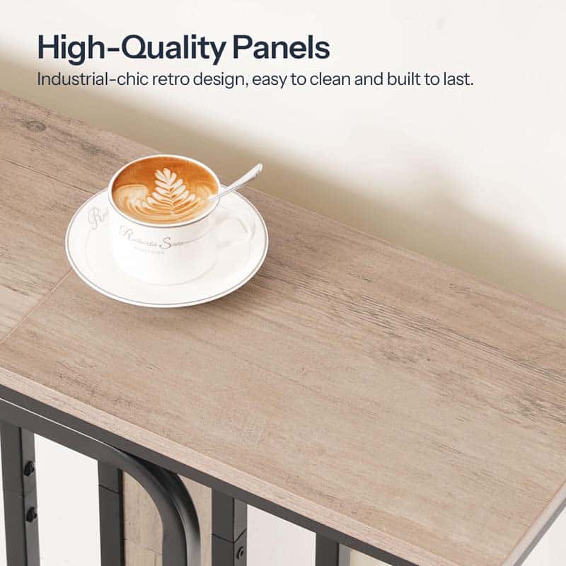 Close up of the water resistant rustic brown wood grain tabletop holding a ceramic cup of latte coffee.