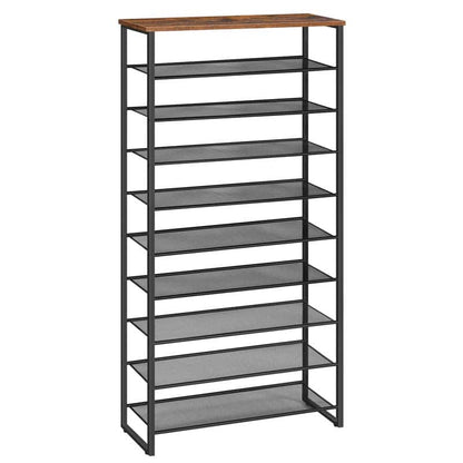 Tall metal shelf with wooden top on a white background
