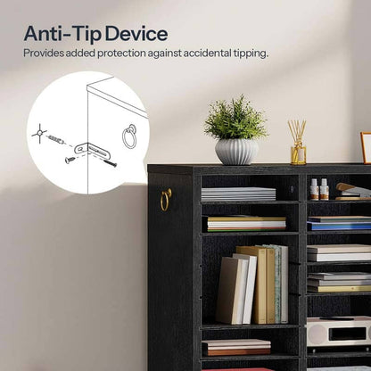 A dark wood bookshelf with gold ring handles shown in a styled room setting, with text reading 'Anti-Tip Device' and a circular inset diagram illustrating the protective latch mechanism.