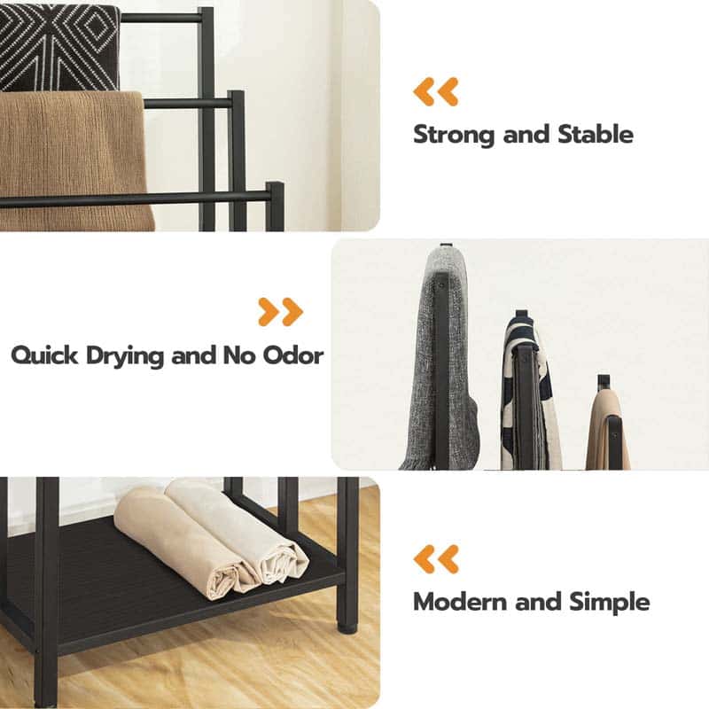 Towel rack with towels, highlighting features like strength, quick drying, no odor, and modern design.