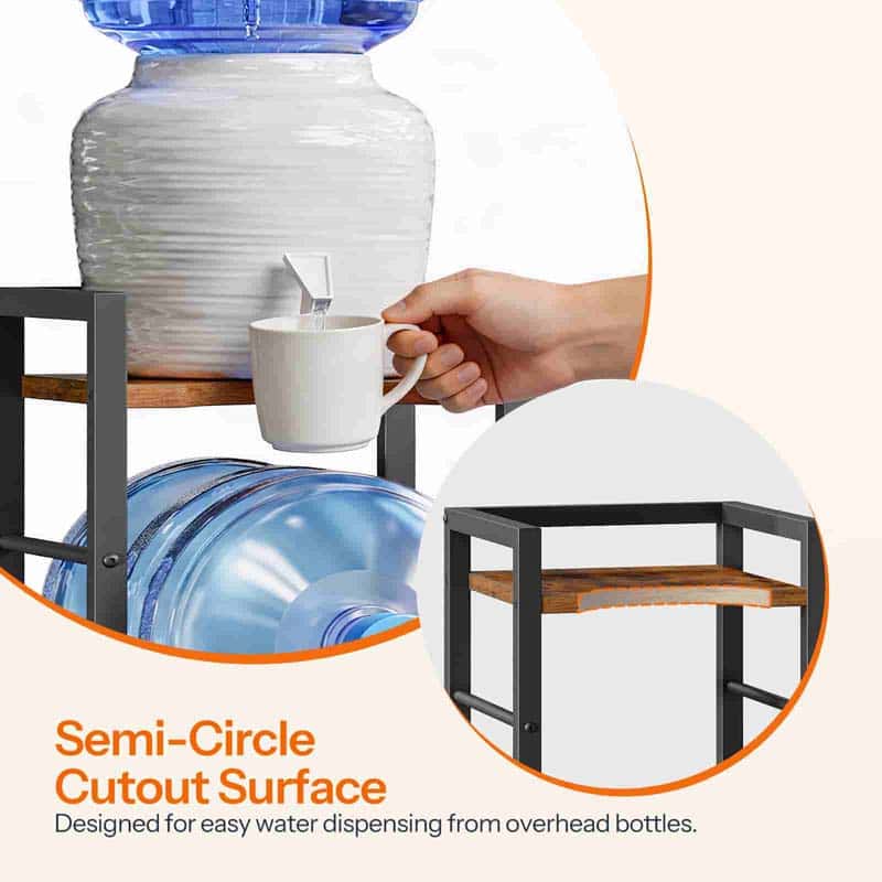 Water dispenser with a semi-circle cutout surface for easy water dispensing, with a hand holding a cup.