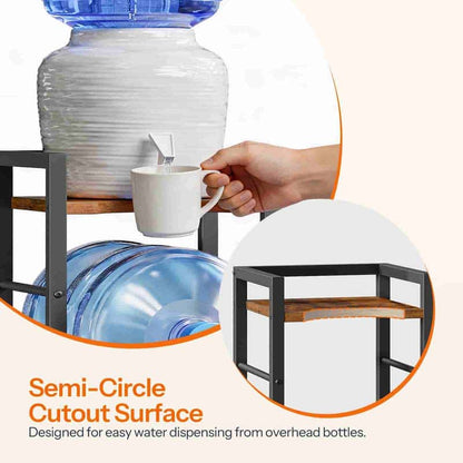 Water dispenser with a semi-circle cutout surface for easy water dispensing, with a hand holding a cup.