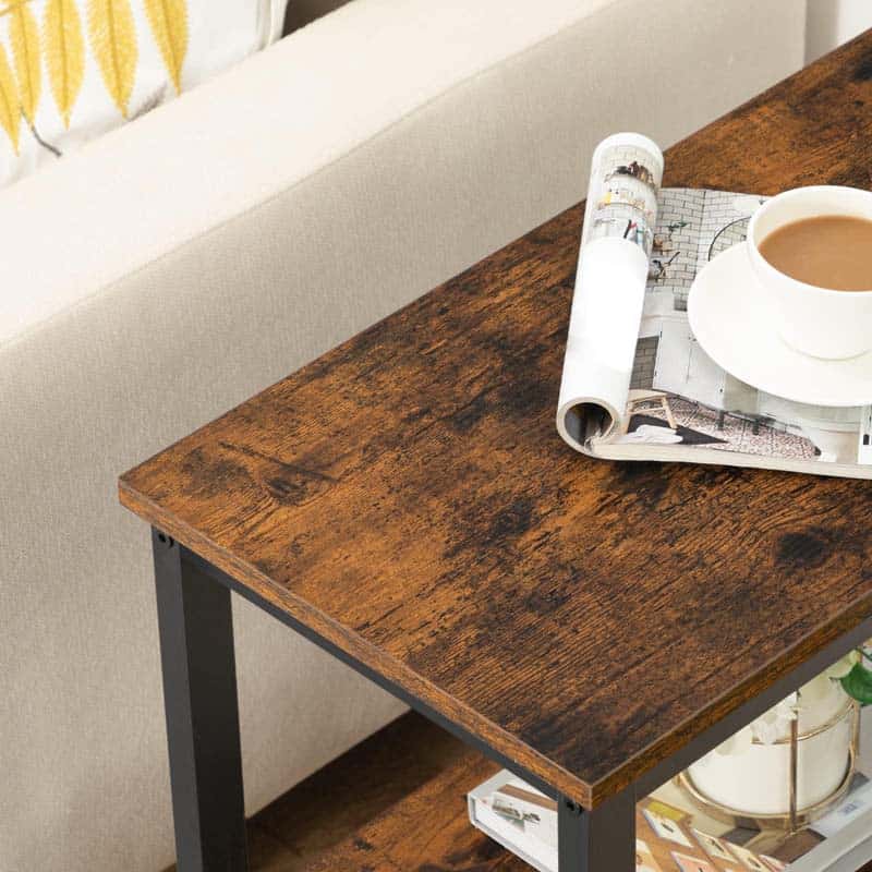 Retro style wood finish end tabletop surface close-up holding an open magazine