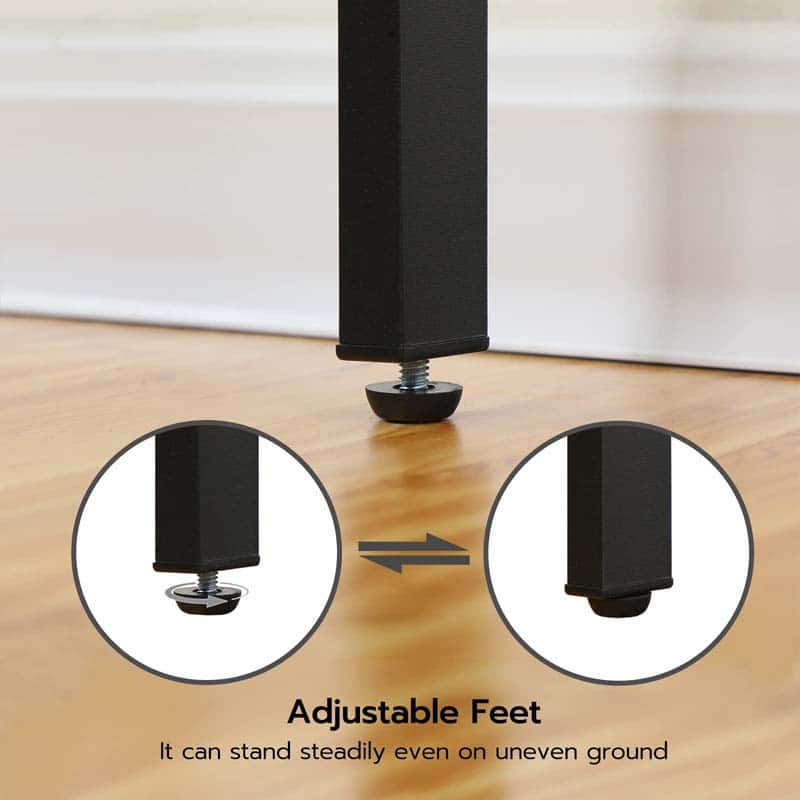 Black adjustable furniture legs with a threaded screw base, shown on a light wood floor with circular inset close-ups demonstrating the leveling feature.