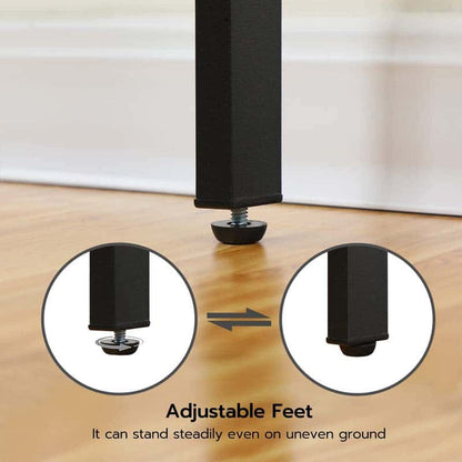 Black adjustable furniture legs with a threaded screw base, shown on a light wood floor with circular inset close-ups demonstrating the leveling feature.
