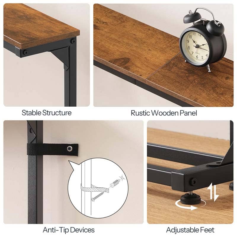 Collage of a wooden desk with features highlighted, including stable structure, rustic wooden panel, anti-tip devices, and adjustable feet.