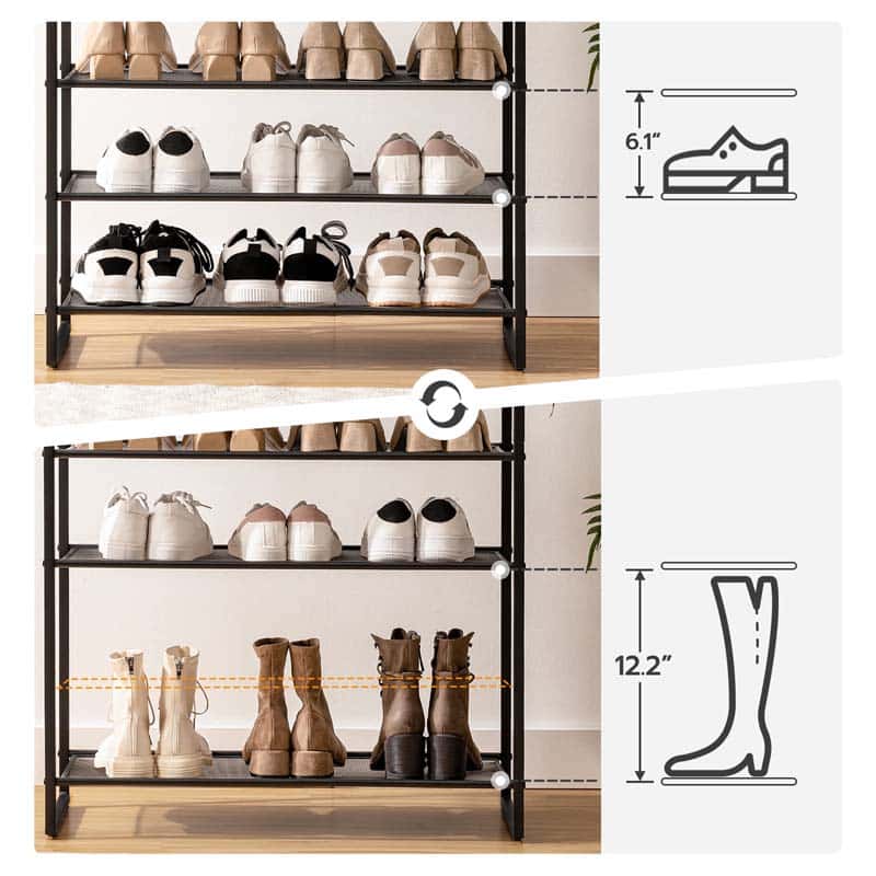 Shoe rack with various shoes on shelves, showing dimensions of each shelf.