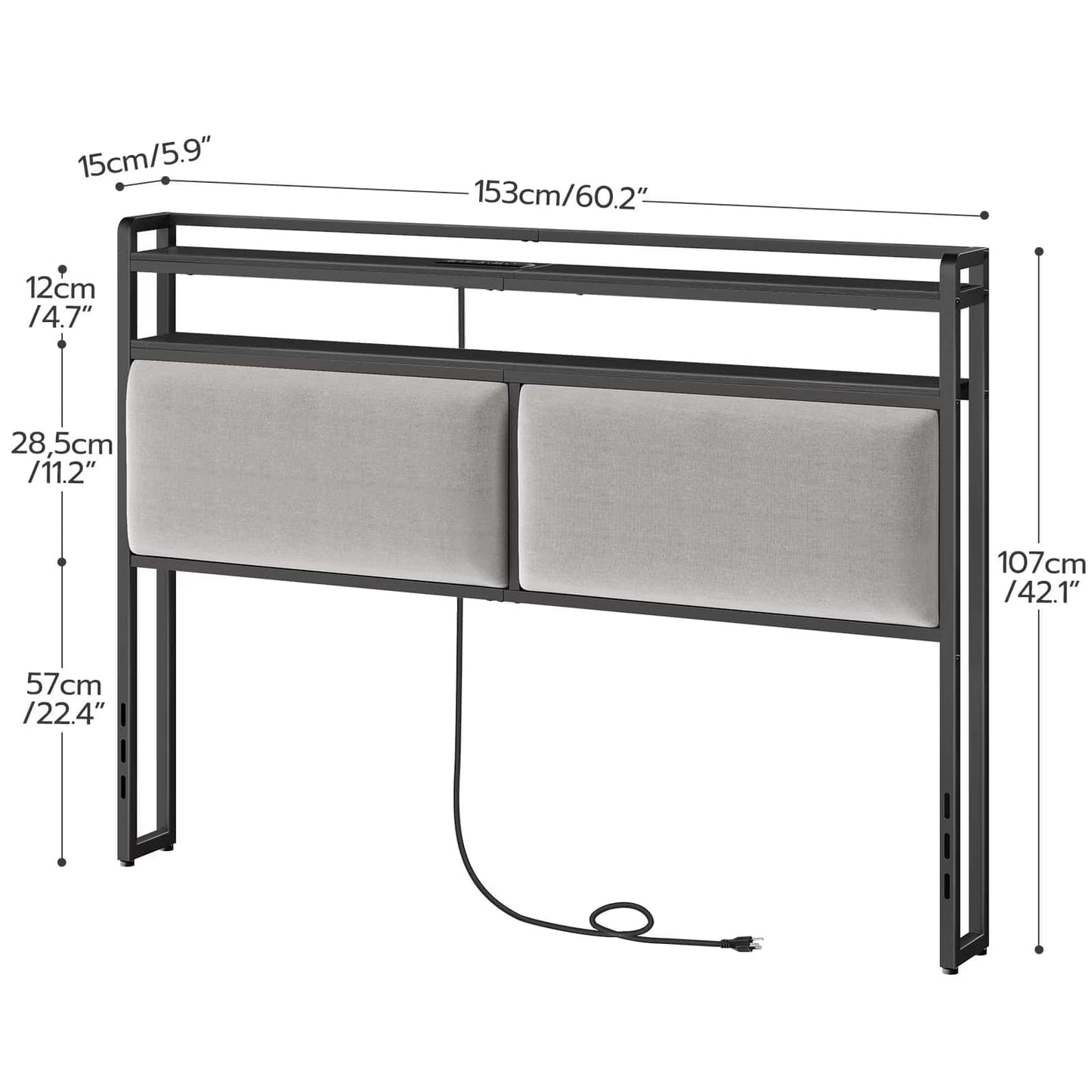 Gray upholstered headboard with dimensions labeled on a white background