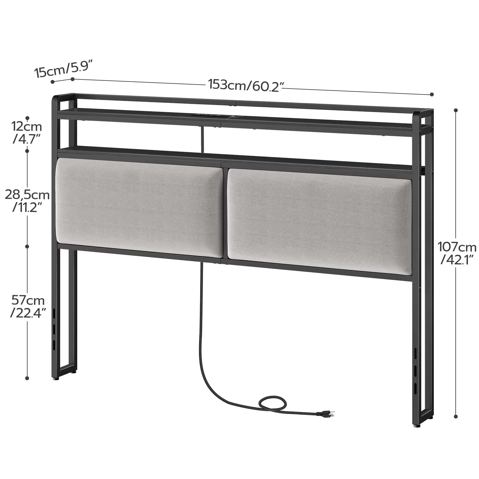 Gray upholstered headboard with dimensions labeled on a white background