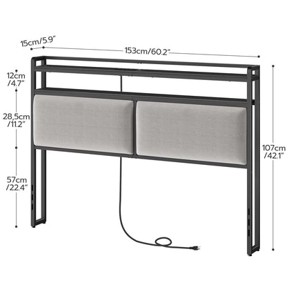 Gray upholstered headboard with dimensions labeled on a white background
