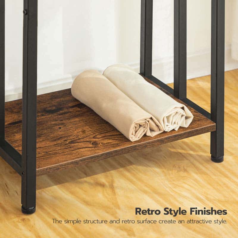 Wooden shelf with retro-style finish holding fabric on a wooden floor.