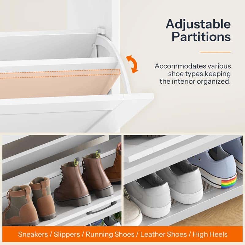 White adjustable shoe organizer shelves with text explaining they accommodate various shoe types, shown with brown boots, white sneakers, and blue shoes in different sizes.