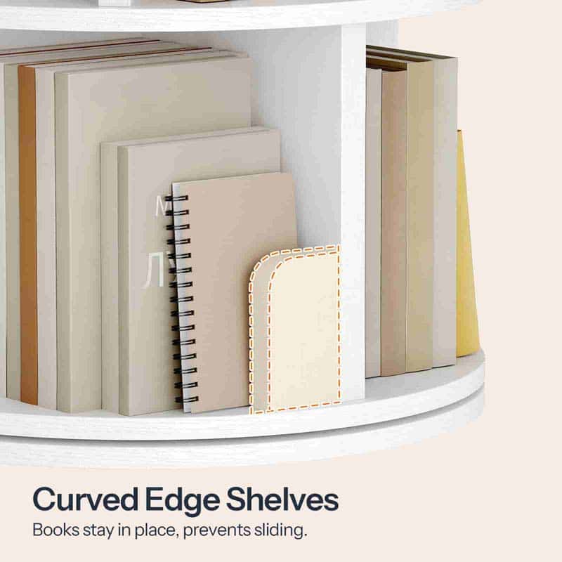White curved edge shelves holding books and notebooks, with text at the bottom reading 'Curved Edge Shelves' and 'Books stay in place, prevents sliding.'.