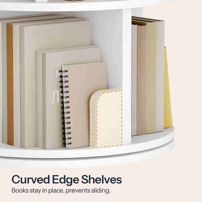 White curved edge shelves holding books and notebooks, with text at the bottom reading 'Curved Edge Shelves' and 'Books stay in place, prevents sliding.'.