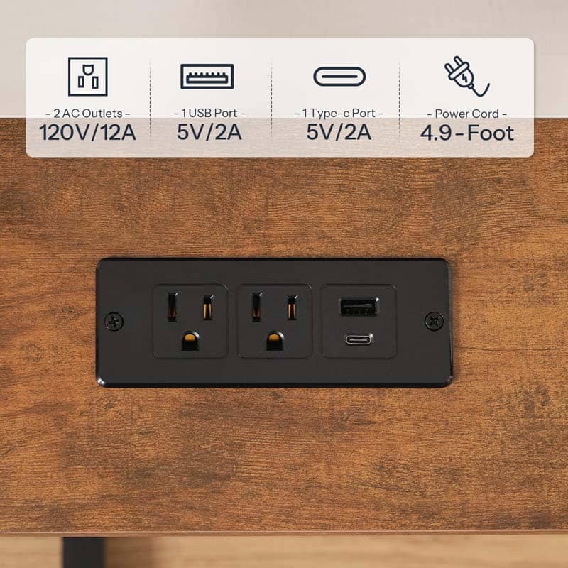 Black electrical outlet with multiple ports on a wooden surface, labeled with specifications.