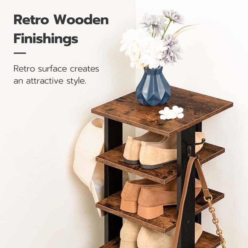Retro rustic brown wooden finish top surface of the narrow shoe storage stand.