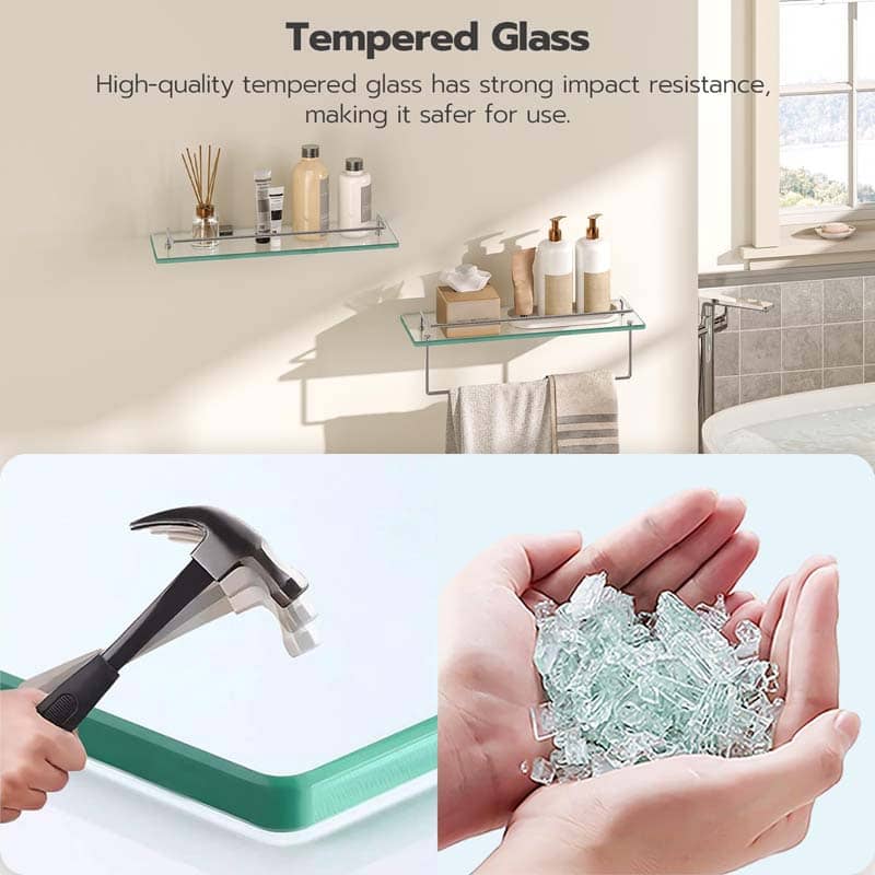 Bathroom setting with tempered glass shelves and a demonstration of glass shattering.