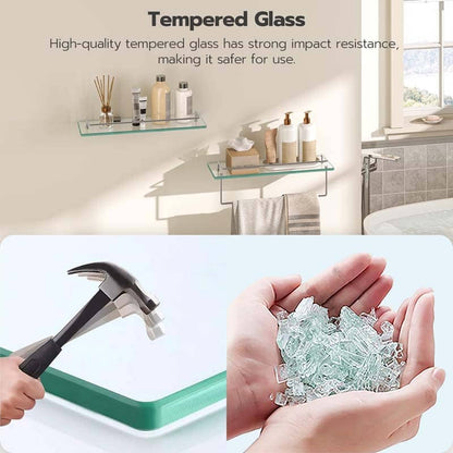 Bathroom setting with tempered glass shelves and a demonstration of glass shattering.