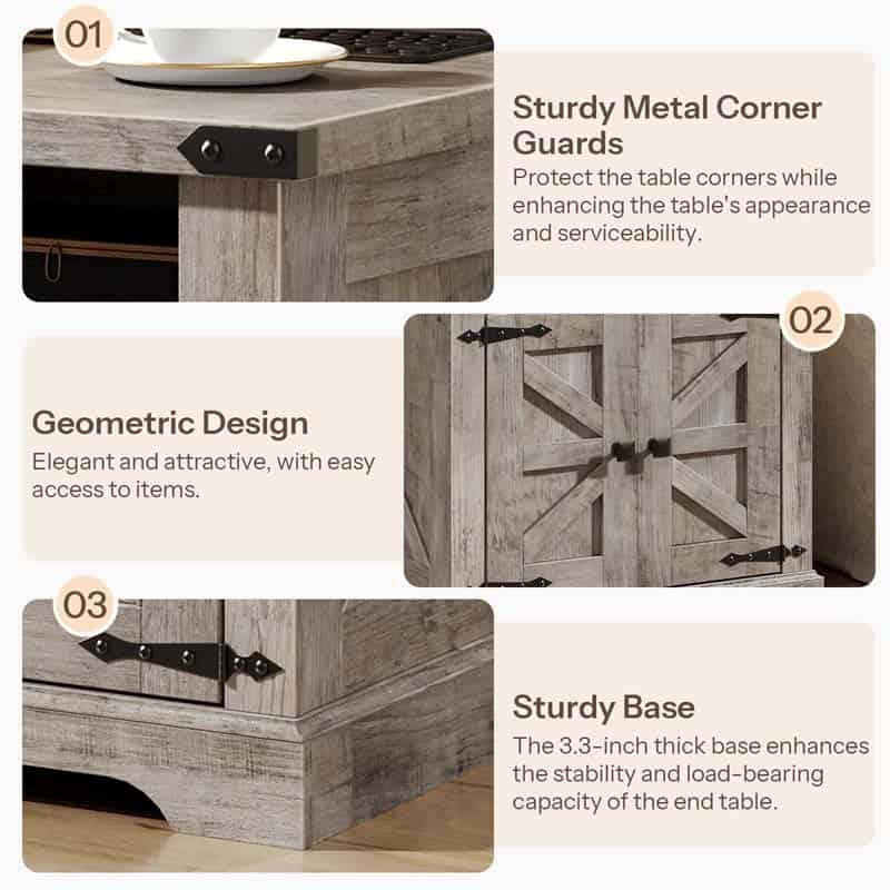Wooden end table with metal corner guards, geometric design, and thick base on a beige background.