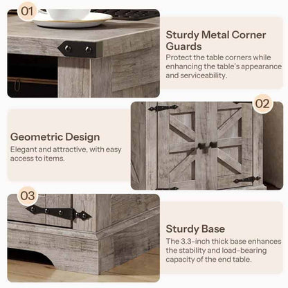 Wooden end table with metal corner guards, geometric design, and thick base on a beige background.