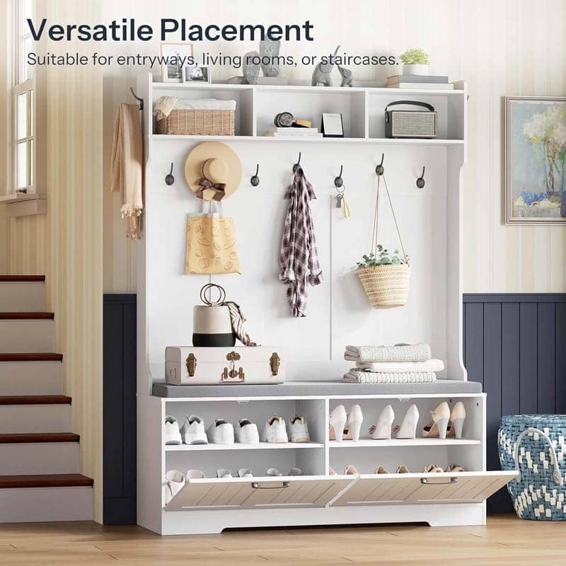 White shoe rack with shelves and hooks in a home setting