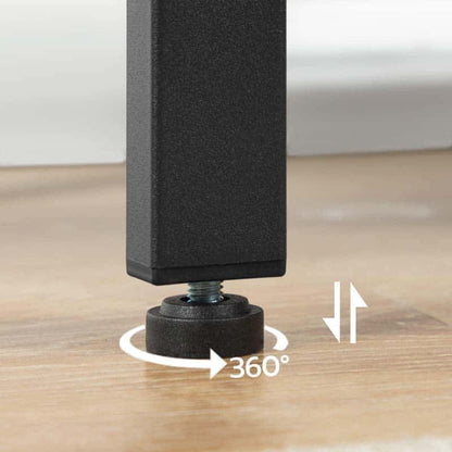 Black adjustable leg with 360-degree rotation on a wooden floor.