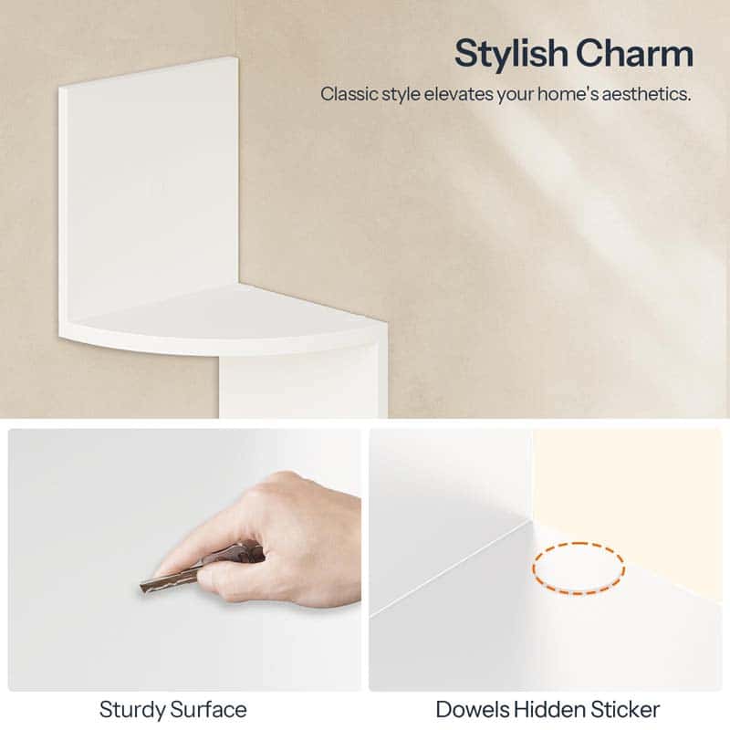 White square object with text on a beige background, highlighting 'Stylish Charm', 'Sturdy Surface', and 'Dowels Hidden Sticker'.