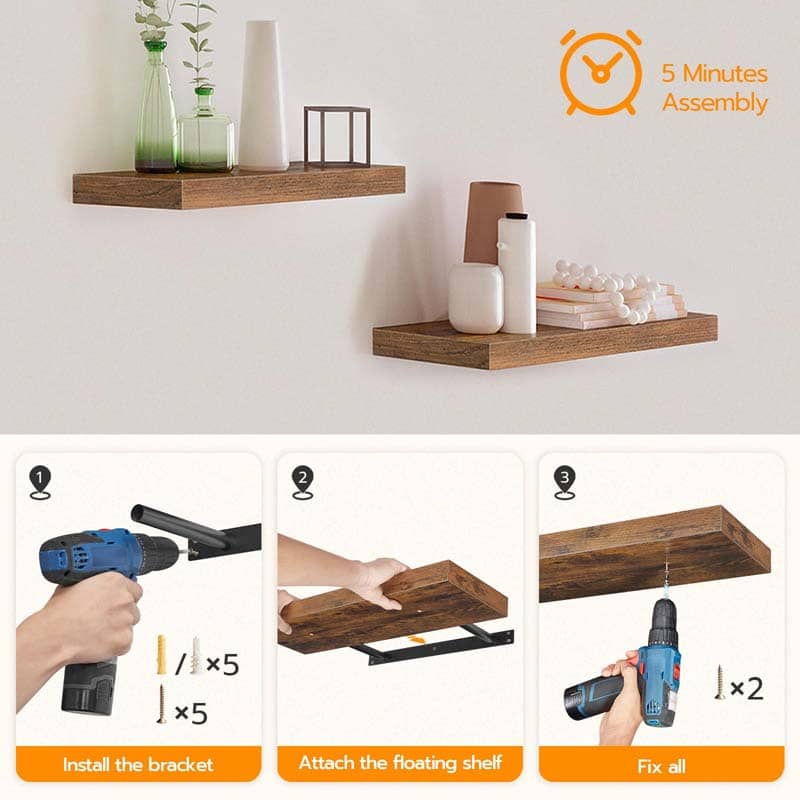 Step-by-step installation guide of HOOBRO floating shelf showing wall anchoring, hidden metal bracket mounting, and tools needed.