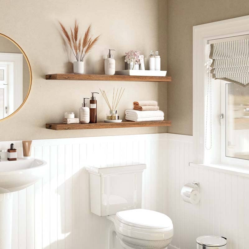 Bathroom interior with wooden shelves, toilet, sink, and decorative items.