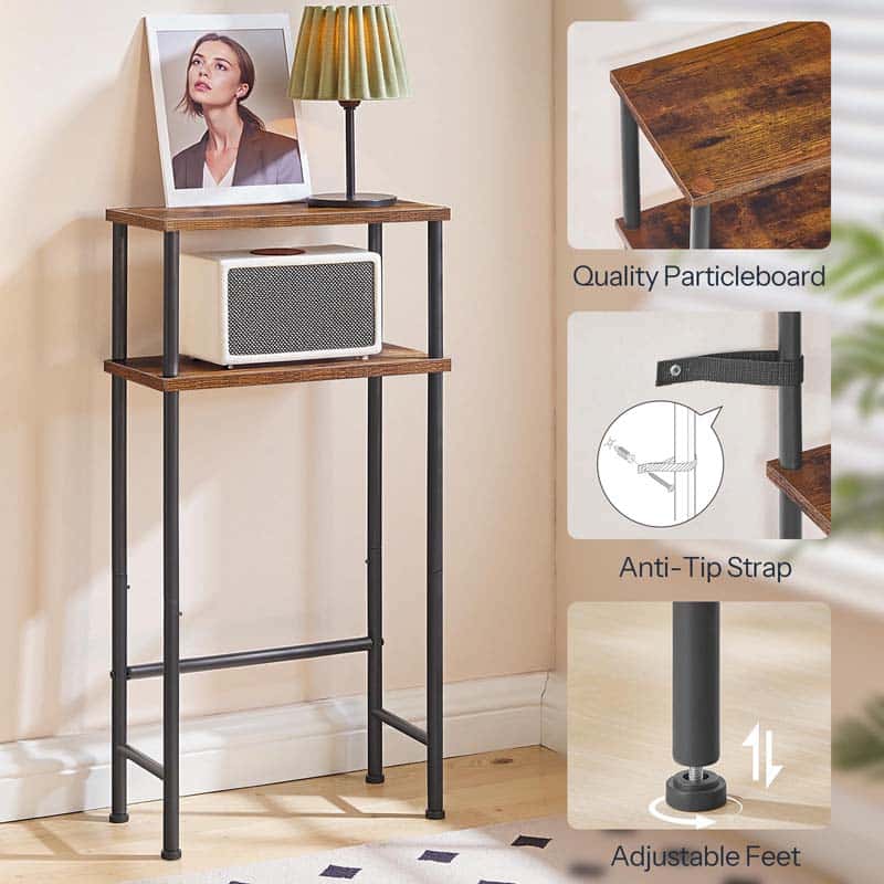 Tall wooden shelf with metal legs in a room setting, featuring a lamp and photo frame.