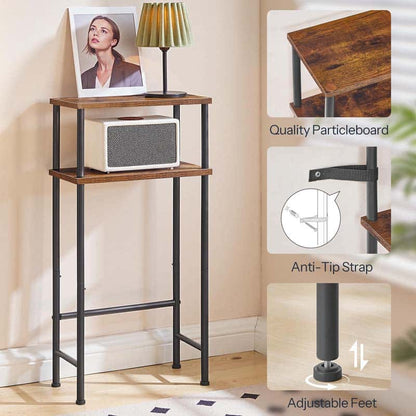 Tall wooden shelf with metal legs in a room setting, featuring a lamp and photo frame.